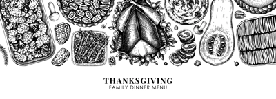 Thanksgiving food banner design. With roasted turkey, cooked vegetables, rolled meat, baking cakes and pies sketches. Vintage autumn food template. Vector Thanksgiving day background.